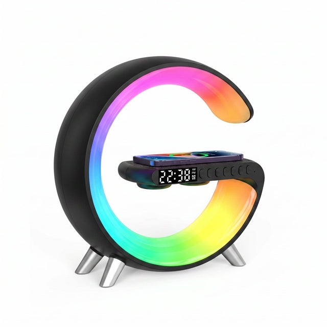 Station Intelligente GENZO — Chargeur Sans Fil 15W · Enceinte Bluetooth · Réveil LED